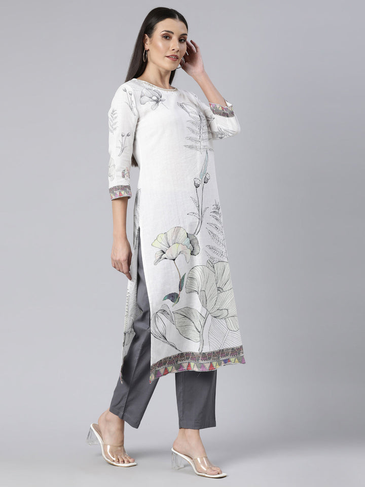 Neerus White floral printed straight suit set - back view