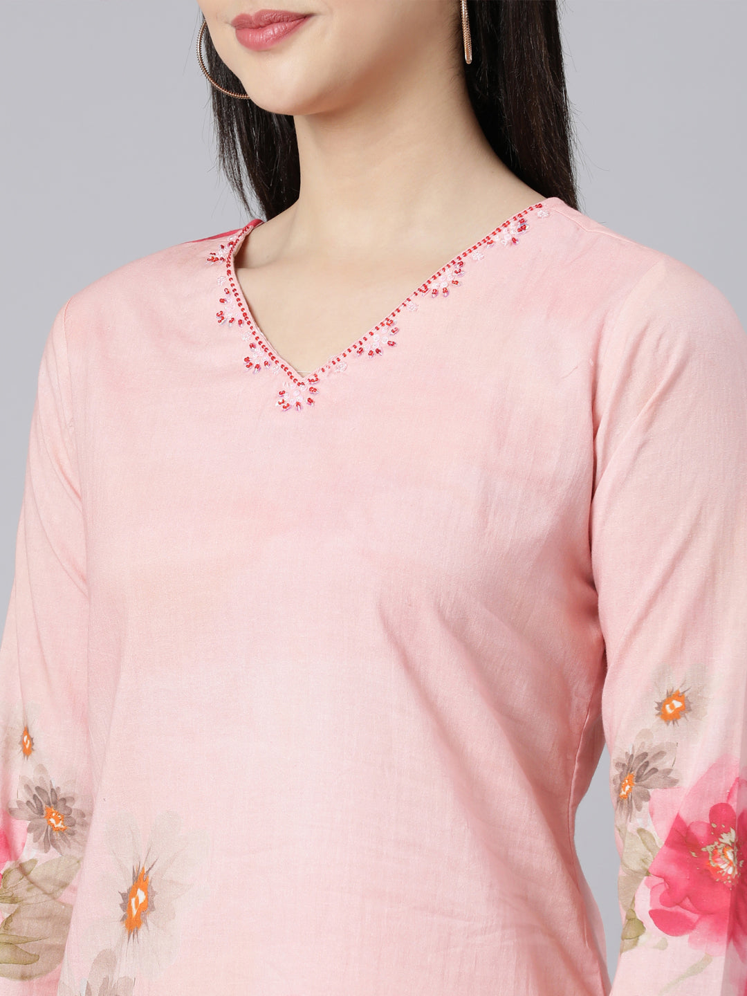 Neerus Pink cotton printed suit set with sharara and dupatta - detail view 2