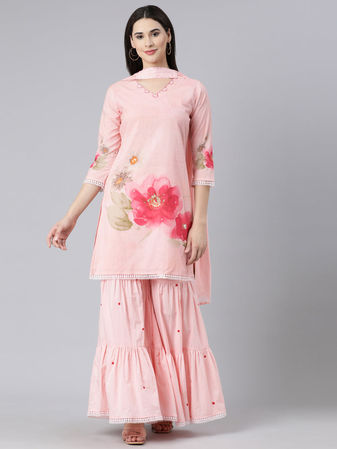 Neerus Pink cotton printed suit set with sharara and dupatta - front view