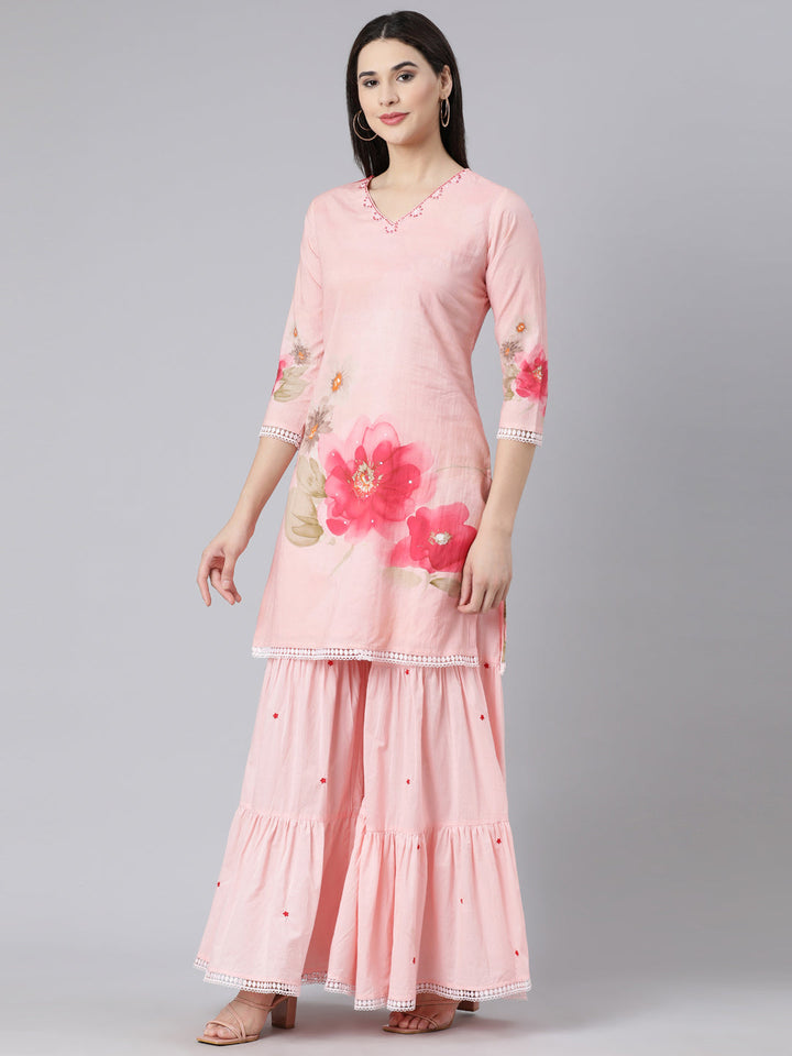 Neerus Pink cotton printed suit set with sharara and dupatta - back view