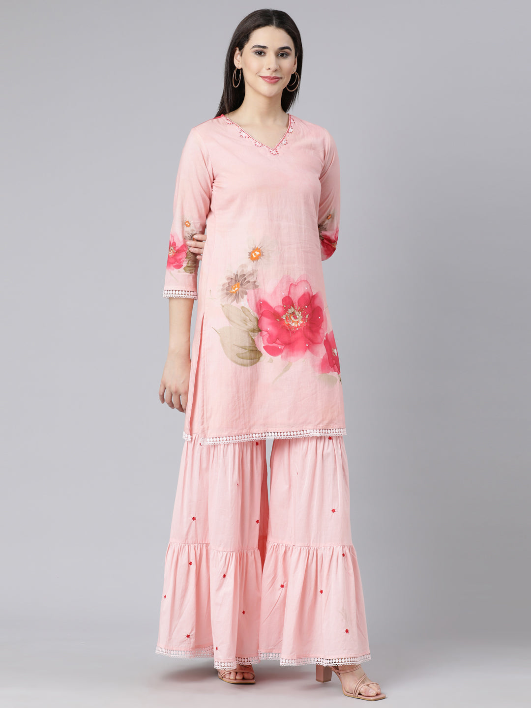 Neerus Pink cotton printed suit set with sharara and dupatta - side view
