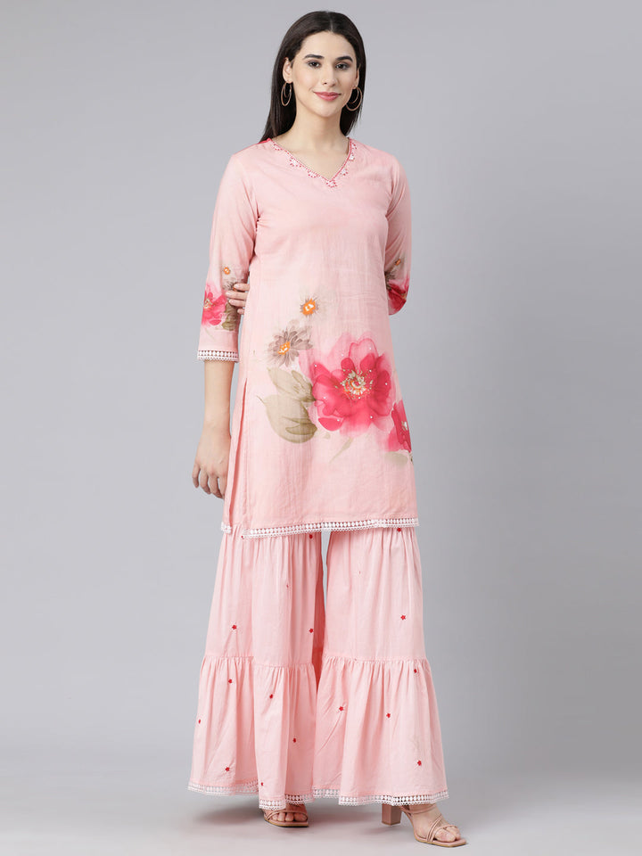 Neerus Pink cotton printed suit set with sharara and dupatta - side view