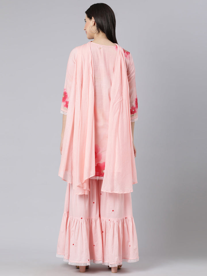 Neerus Pink cotton printed suit set with sharara and dupatta - detail view 1