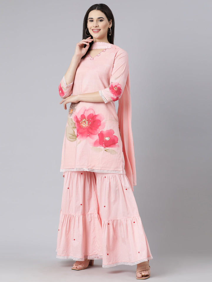 Neerus Pink cotton printed suit set with sharara and dupatta - detail view 3