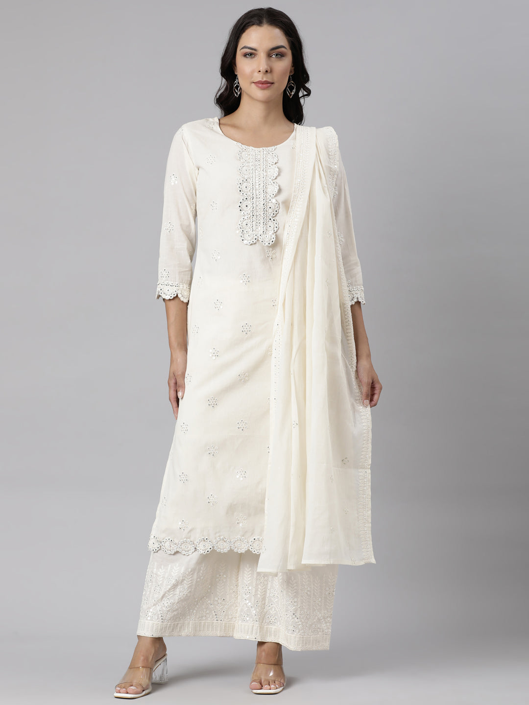 Neerus Off White Panelled Straight Solid Kurta And Palazzos With Dupatta