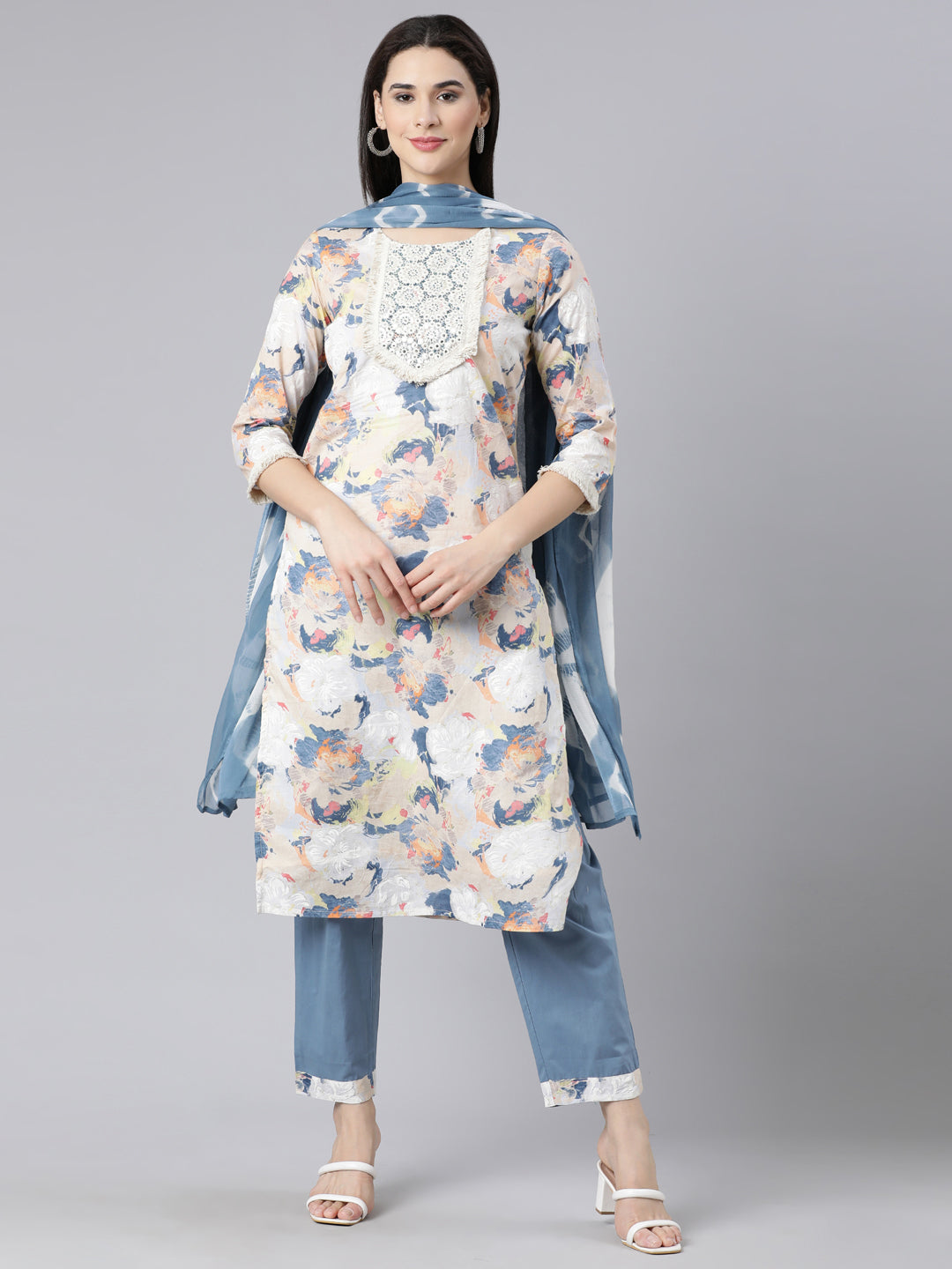 Neerus Multi printed panelled straight suit set - front view