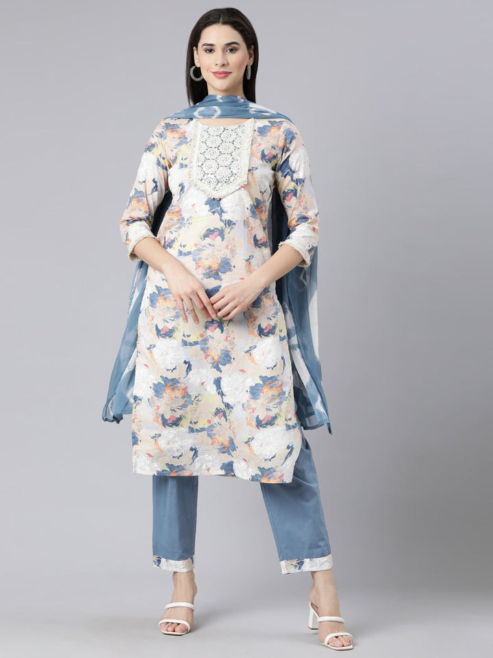 Neerus Multi printed panelled straight suit set - front view