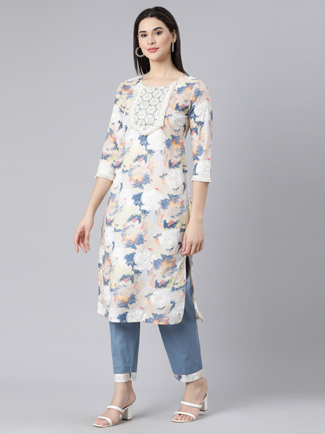 Neerus Multi printed panelled straight suit set - back view