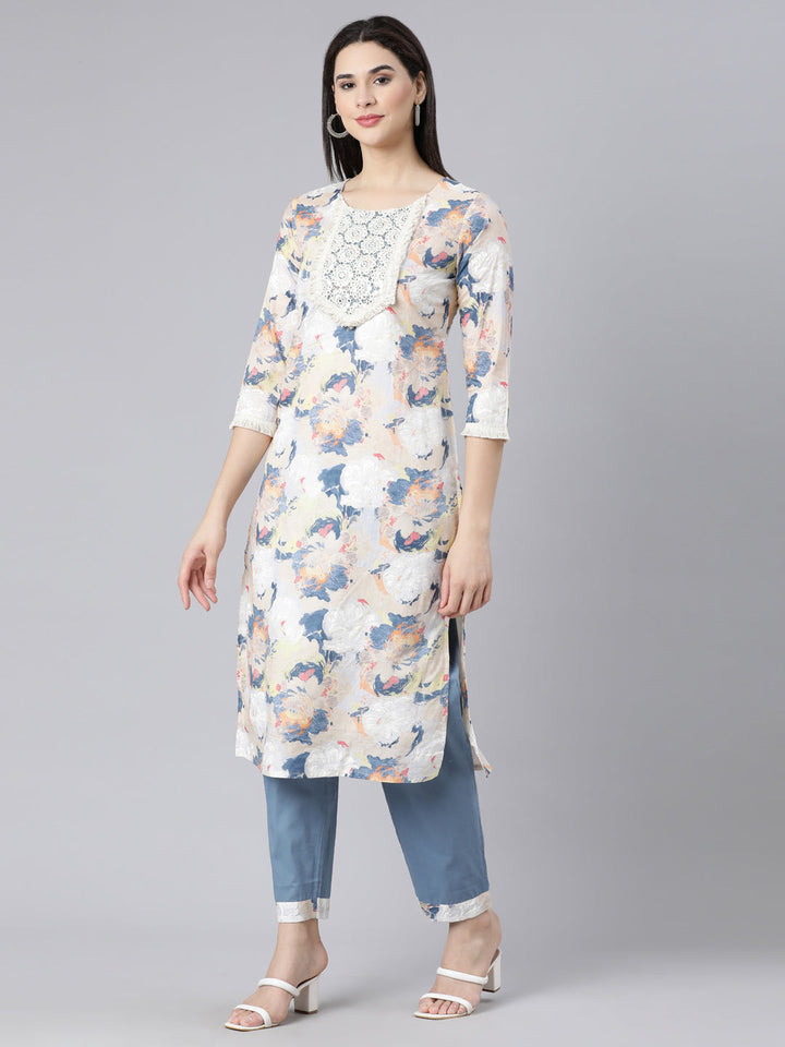 Neerus Multi printed panelled straight suit set - back view