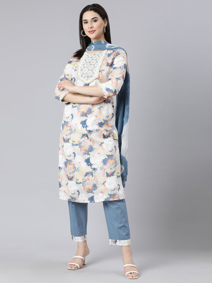 Neerus Multi printed panelled straight suit set - detail view 3