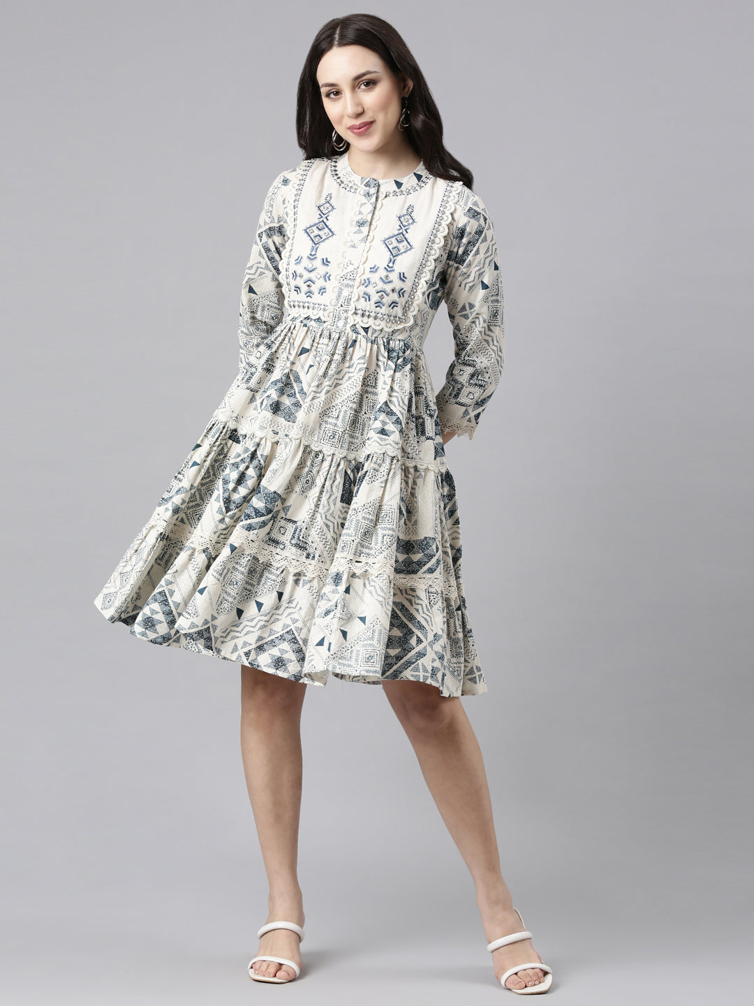 Neerus White embellished anarkali kurti - front view