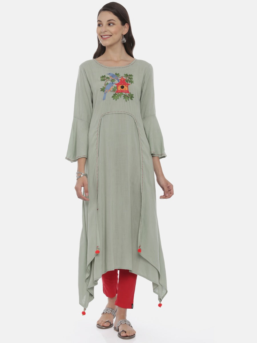 Neerus Green viscose rayon embroidered high-low kurta - front view