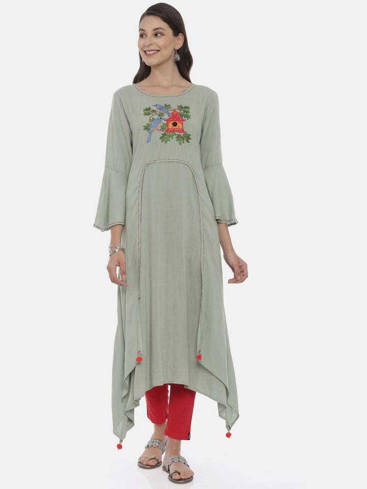 Neerus Green viscose rayon embroidered high-low kurta - front view