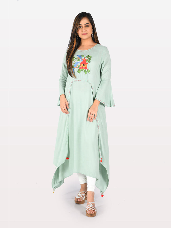 Neerus Green viscose rayon embroidered high-low kurta - detail view 4