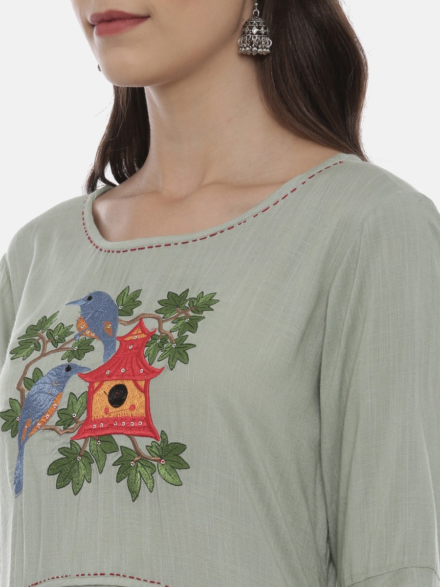Neerus Green viscose rayon embroidered high-low kurta - back view