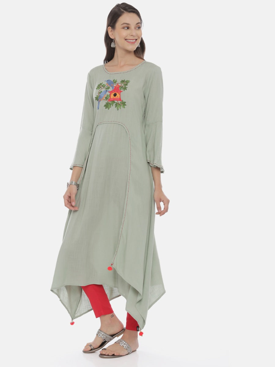 Neerus Green viscose rayon embroidered high-low kurta - side view