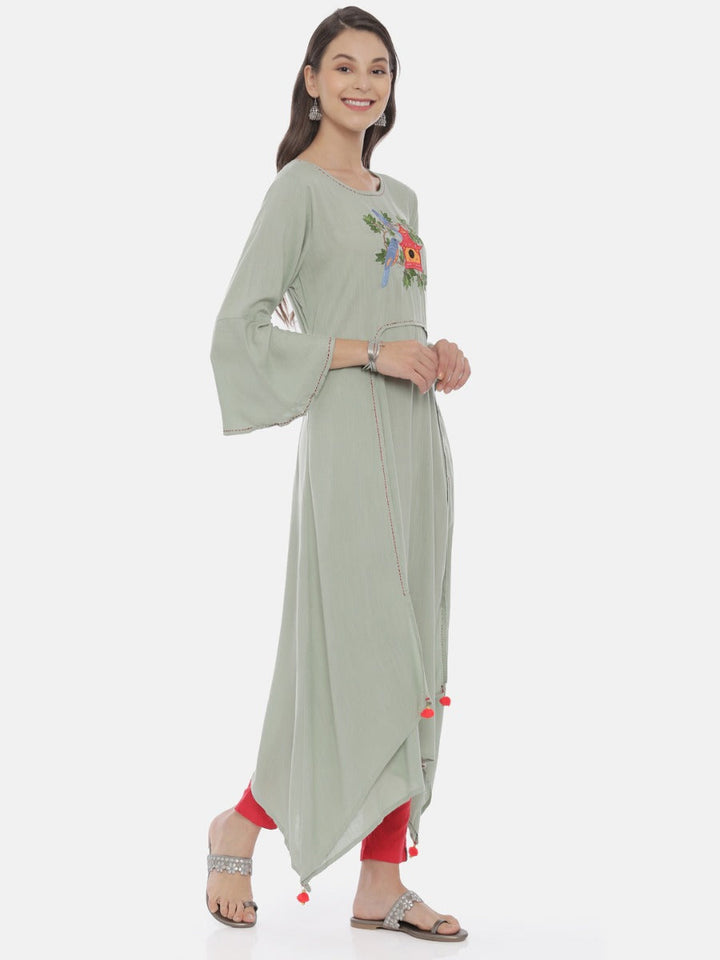 Neerus Green viscose rayon embroidered high-low kurta - detail view 1