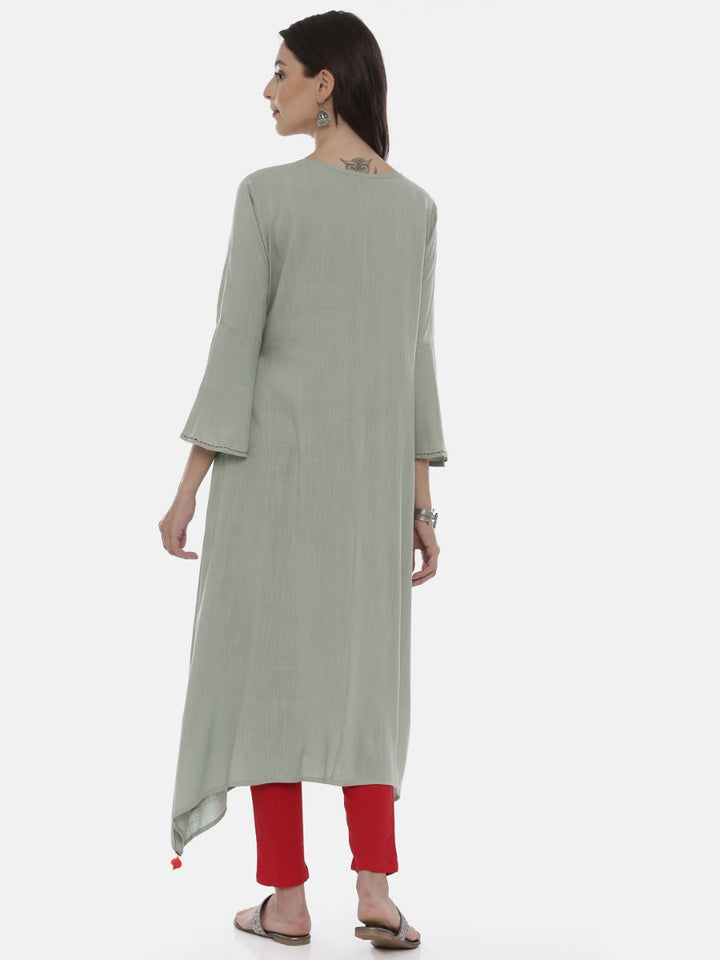 Neerus Green viscose rayon embroidered high-low kurta - detail view 2