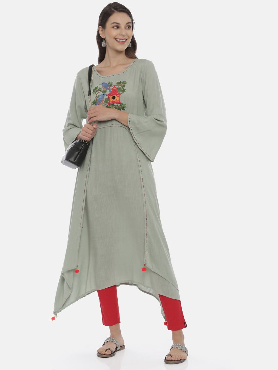 Neerus Green viscose rayon embroidered high-low kurta - detail view 3