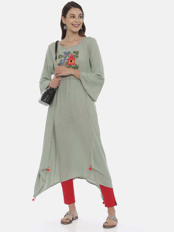 Neerus Green viscose rayon embroidered high-low kurta - detail view 3
