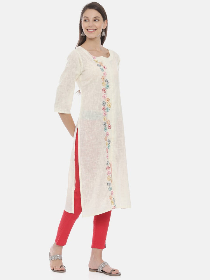 Neerus Beige cotton embroidered kurta - detail view 1