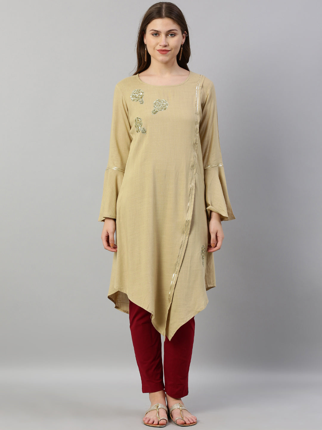 Neerus Beige rayon embellished high-low kurta - front view