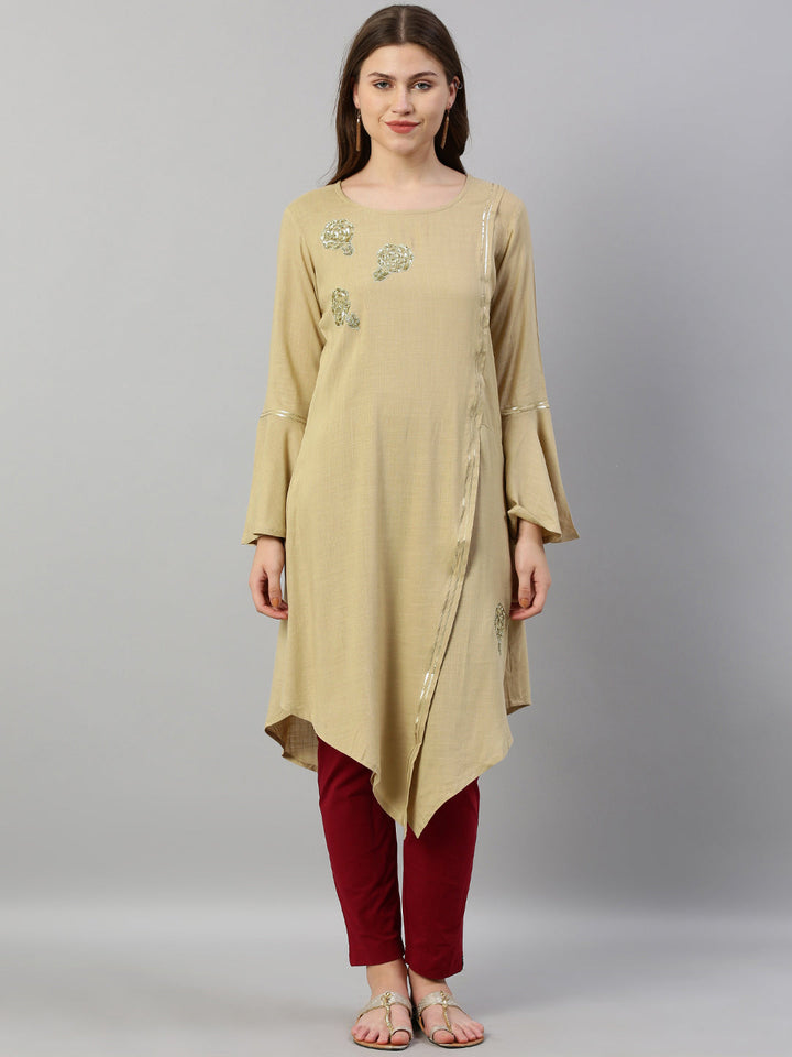 Neerus Beige rayon embellished high-low kurta - front view