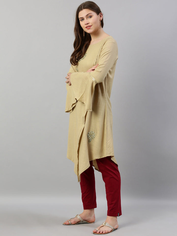 Neerus Beige rayon embellished high-low kurta - side view