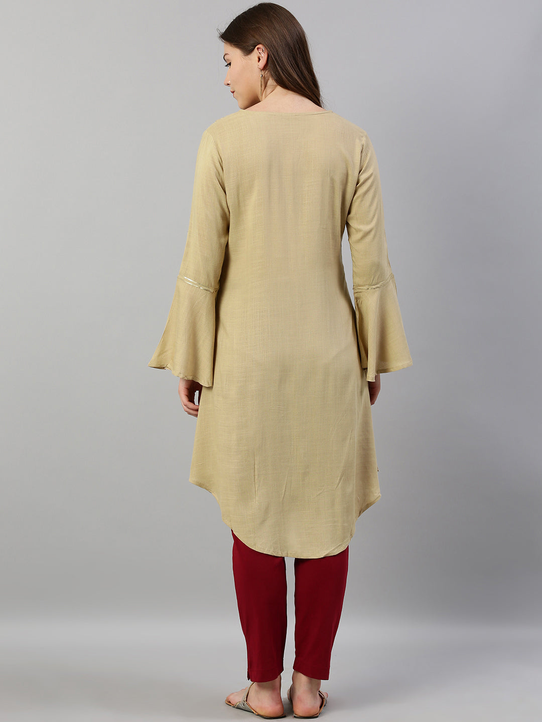 Neerus Beige rayon embellished high-low kurta - detail view 1