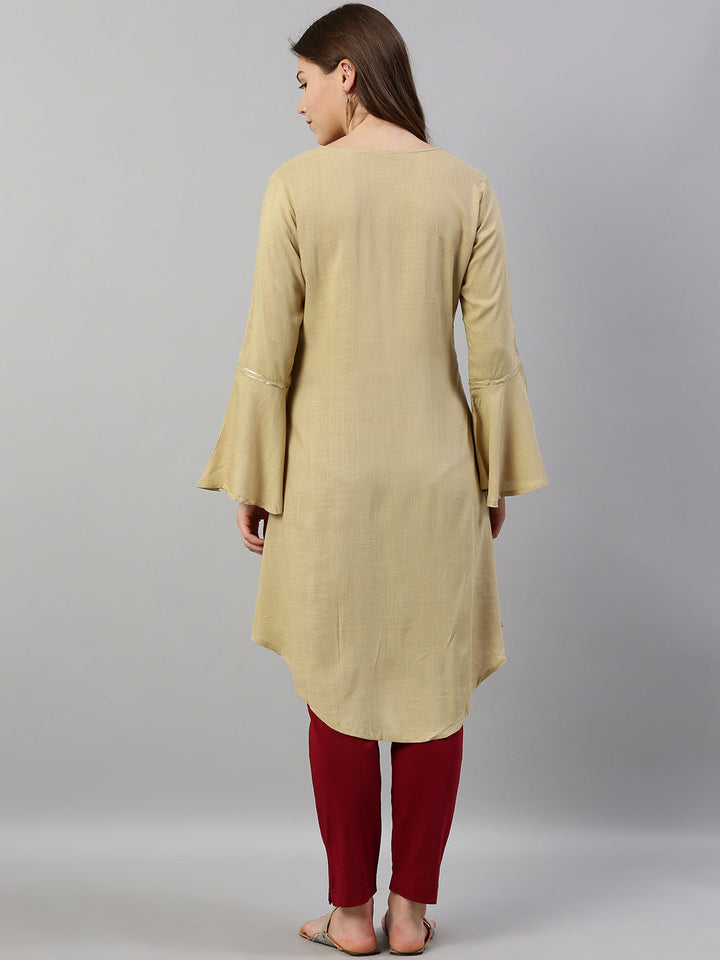 Neerus Beige rayon embellished high-low kurta - detail view 1