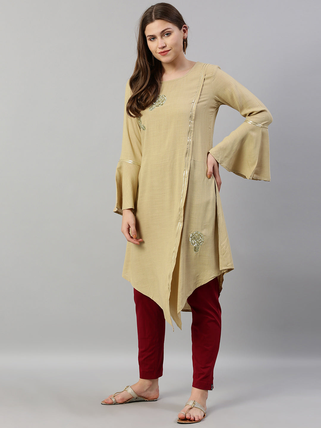 Neerus Beige rayon embellished high-low kurta - detail view 2