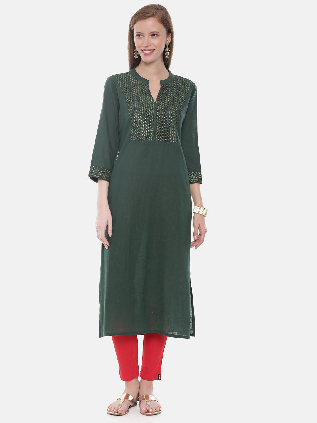 Neerus Green rayon embellished straight kurta - front view