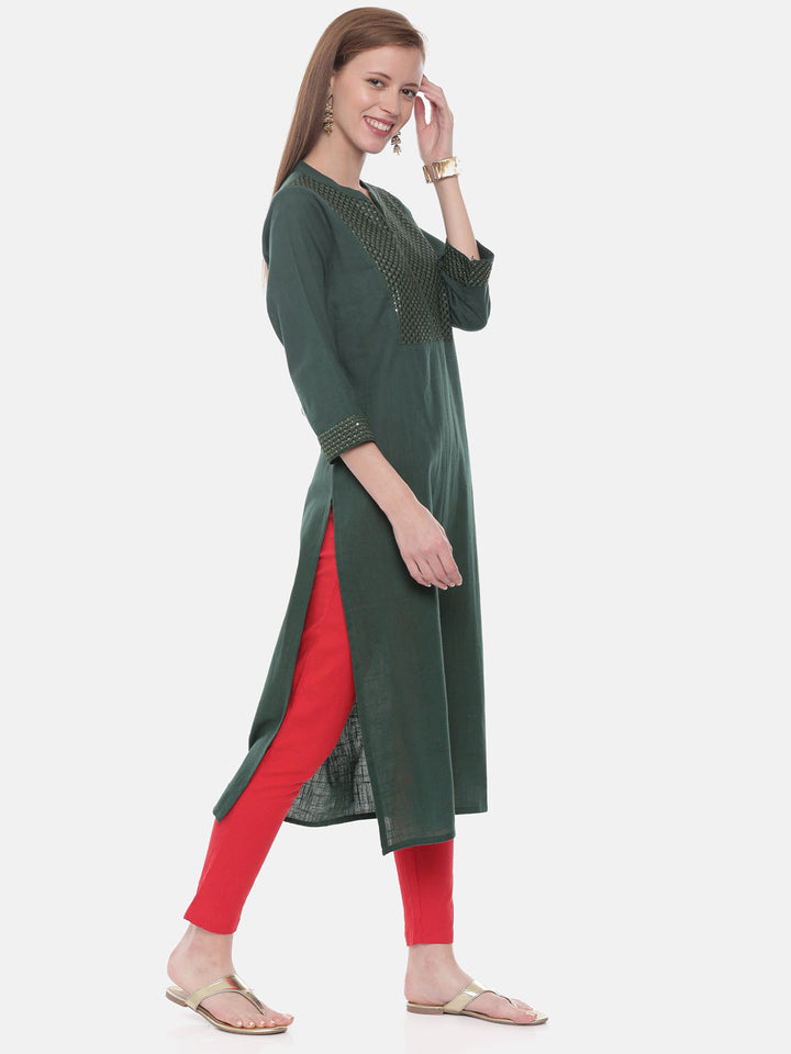 Neerus Green rayon embellished straight kurta - detail view 1