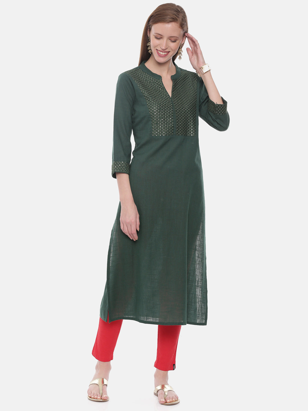 Neerus Green rayon embellished straight kurta - detail view 3