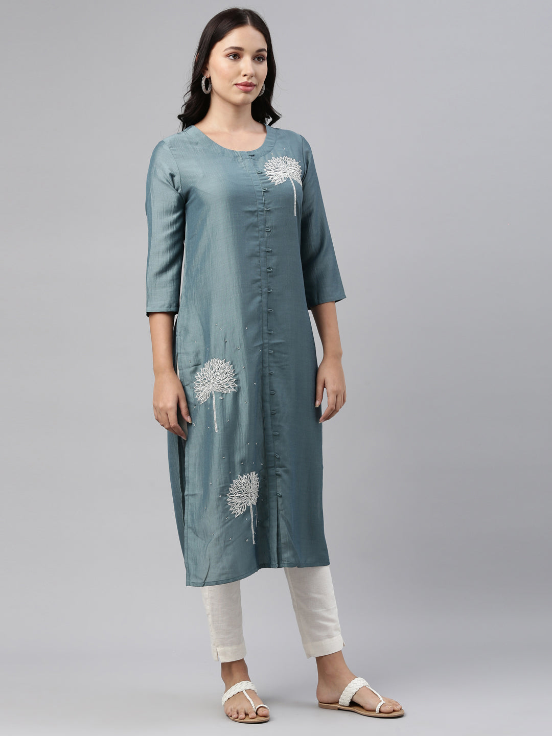 Neerus Grey silk solid kurti - detail view 1