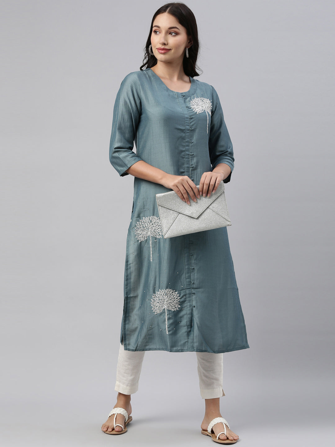 Neerus Grey silk solid kurti - front view