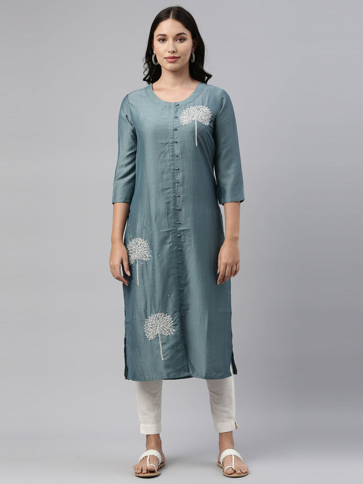 Neerus Grey silk solid kurti - detail view 4