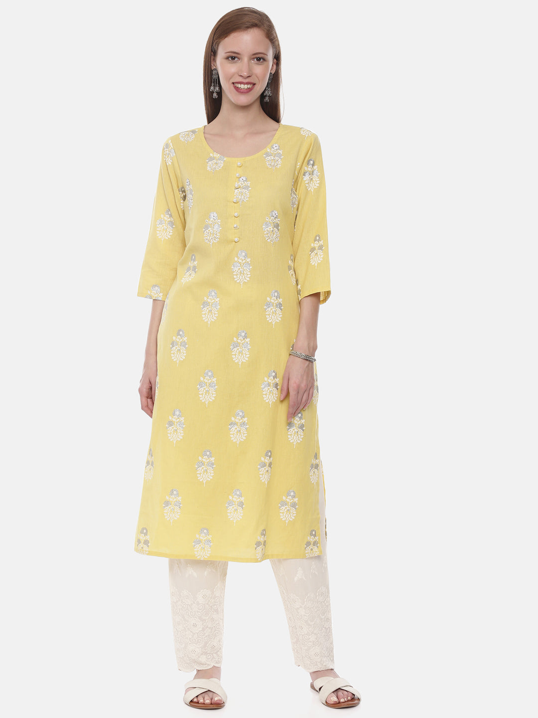 Neerus Yellow rayon embellished straight kurta - front view