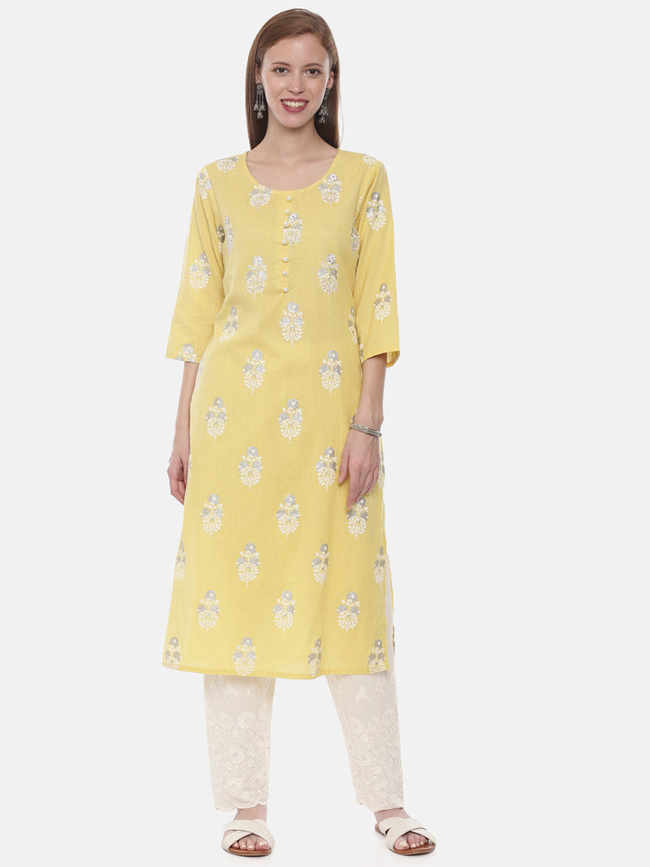 Neerus Yellow rayon embellished straight kurta - front view