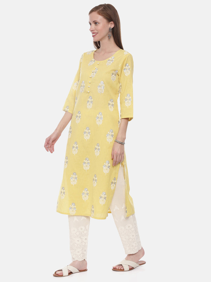 Neerus Yellow rayon embellished straight kurta - side view