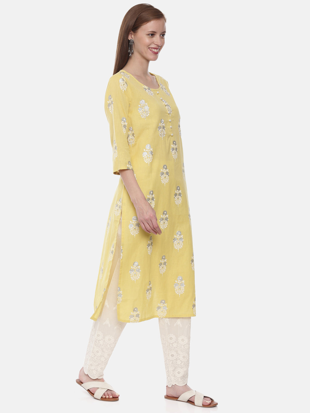 Neerus Yellow rayon embellished straight kurta - detail view 1