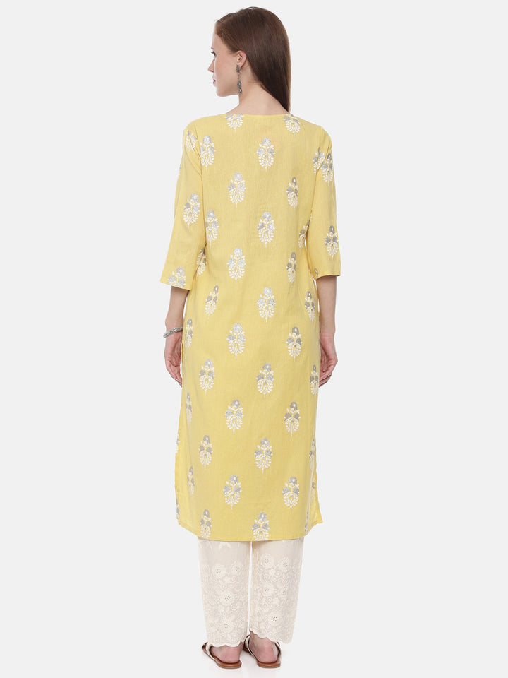 Neerus Yellow rayon embellished straight kurta - detail view 2