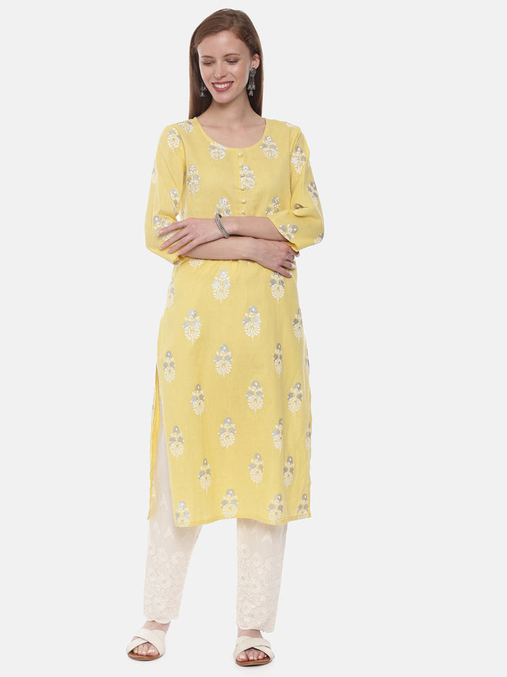 Neerus Yellow rayon embellished straight kurta - detail view 3