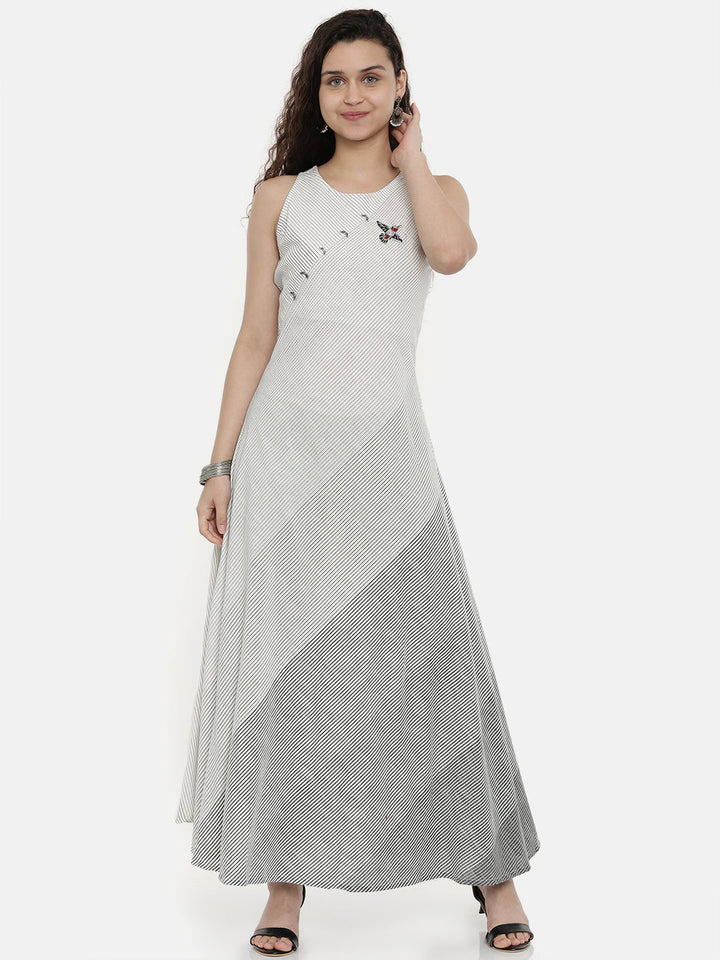 Neerus White cotton embellished flared kurta - front view