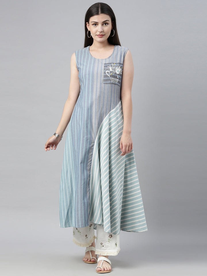 Neerus Blue printed striped flared kurta - front view