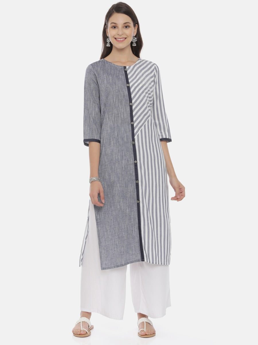 Neerus Grey rayon printed straight kurta - front view