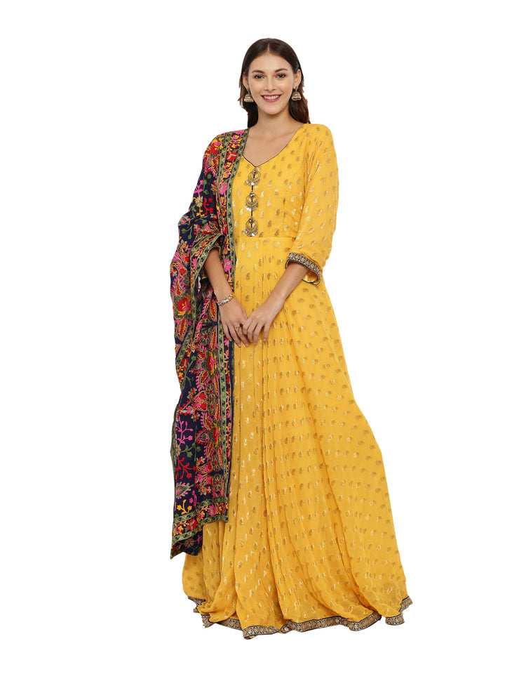Neerus Yellow cotton woven Anarkali kurti - front view