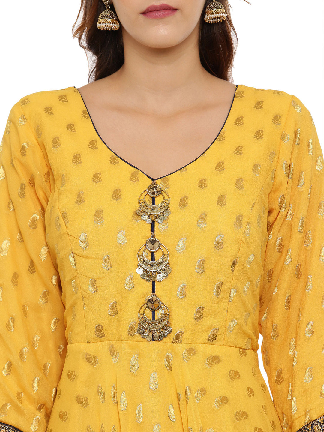 Neerus Yellow cotton woven Anarkali kurti - back view