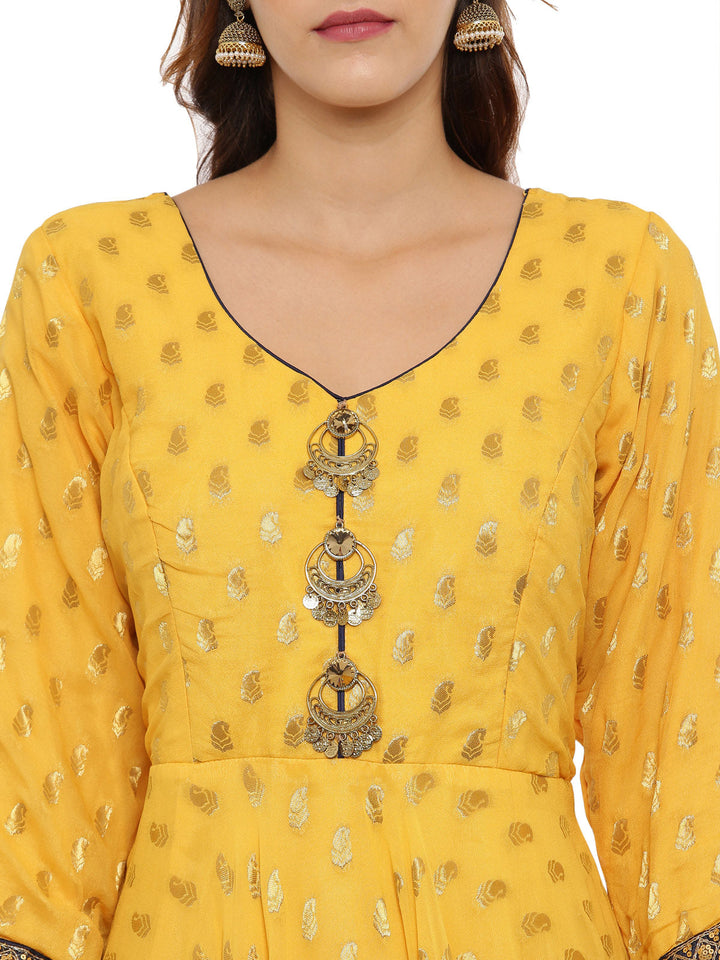 Neerus Yellow cotton woven Anarkali kurti - detail view 2