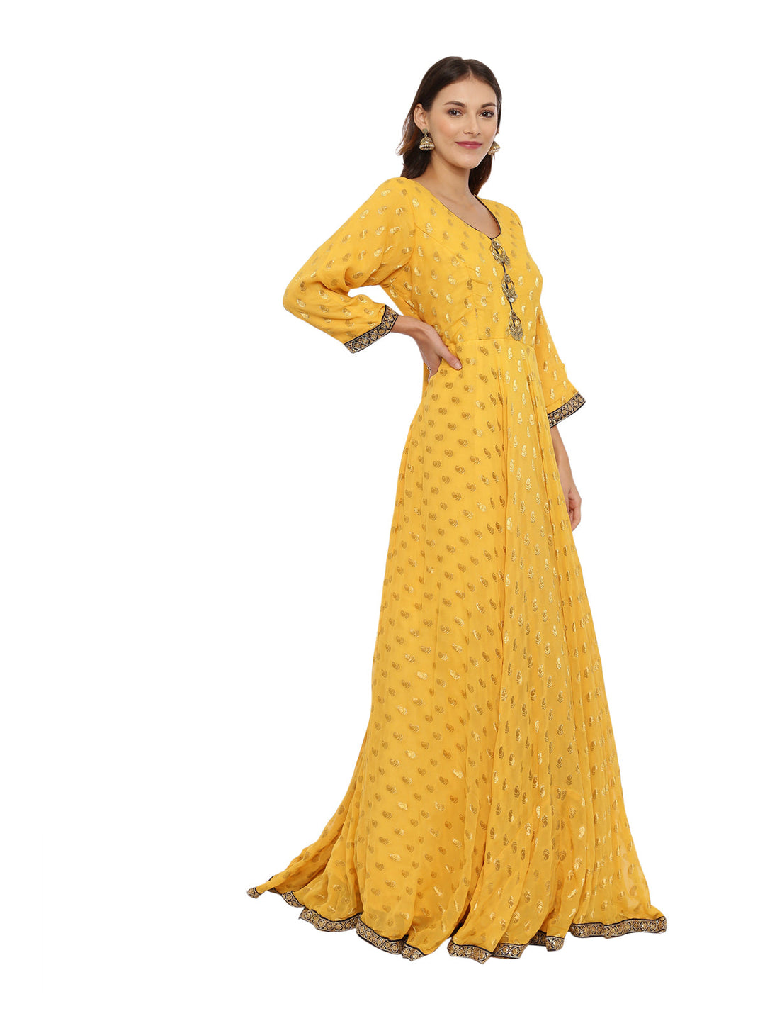 Neerus Yellow cotton woven Anarkali kurti - side view